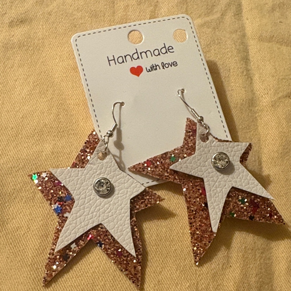 Handmade Star Earrings - White and Gold Glitter